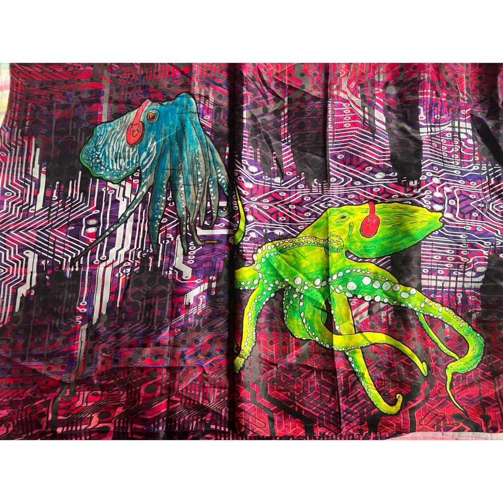 Mad King Silk Scarf Abstract Design Techno Squid with Headphones Wearable Art